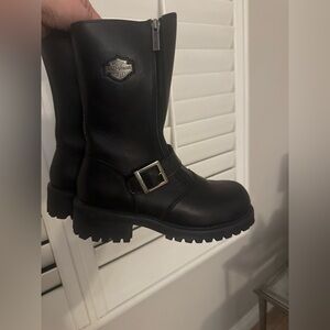 Vintage Harley-Davidson Women's Black Moto Boots with Silver Accents from 2000s
